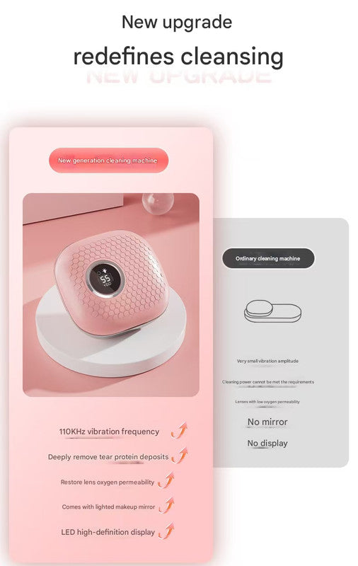 Pink Portable Ultrasonic Contact Lens Cleaner - Automatic Electric Cleaning Case with LED Makeup Mirror, USB Rechargeable for Travel & Home 4