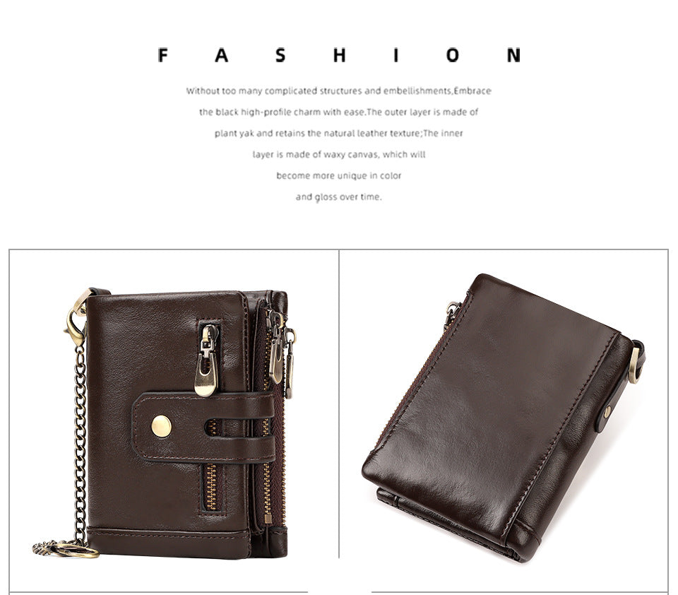 Brown Genuine Leather Men's RFID Blocking Wallet - High Capacity Trifold with Zipper Coin Pocket 3