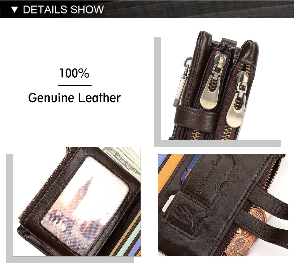 Brown Genuine Leather Men's RFID Blocking Wallet - High Capacity Trifold with Zipper Coin Pocket 4