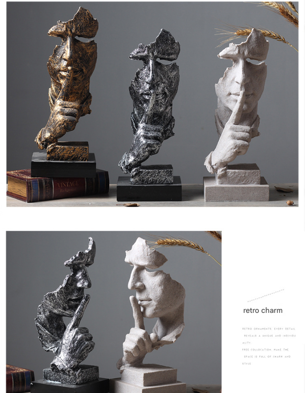 Silver Modern 'Silence is Golden' Abstract Sculpture - Nordic Resin Art Statue for Office & Living Room Decor 4