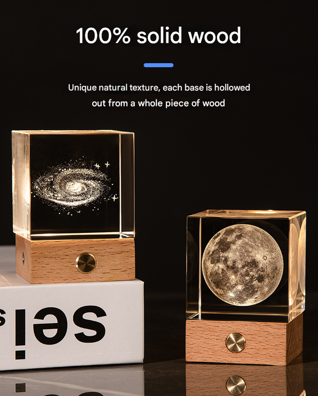 The Moon Luminous 3D Crystal Cube Night Light - Laser Engraved Artwork with Solid Wood Base 3