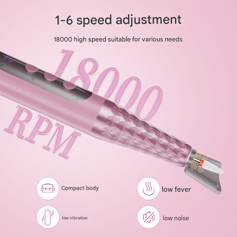 Pink Professional Electric Nail Drill Kit - 6-Speed 18000RPM Rechargeable Manicure & Pedicure File for Polishing, Grinding & Gel Removal 3