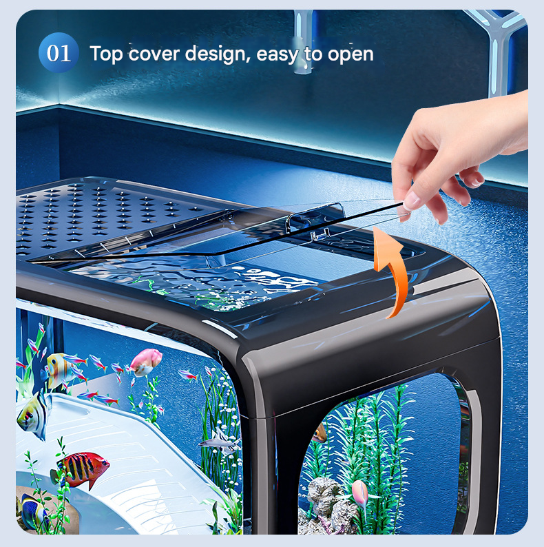 Cream color Modern Desktop Aquarium & Turtle Tank - Panoramic Viewing Fish Tank with Basking Platform & Lid 3