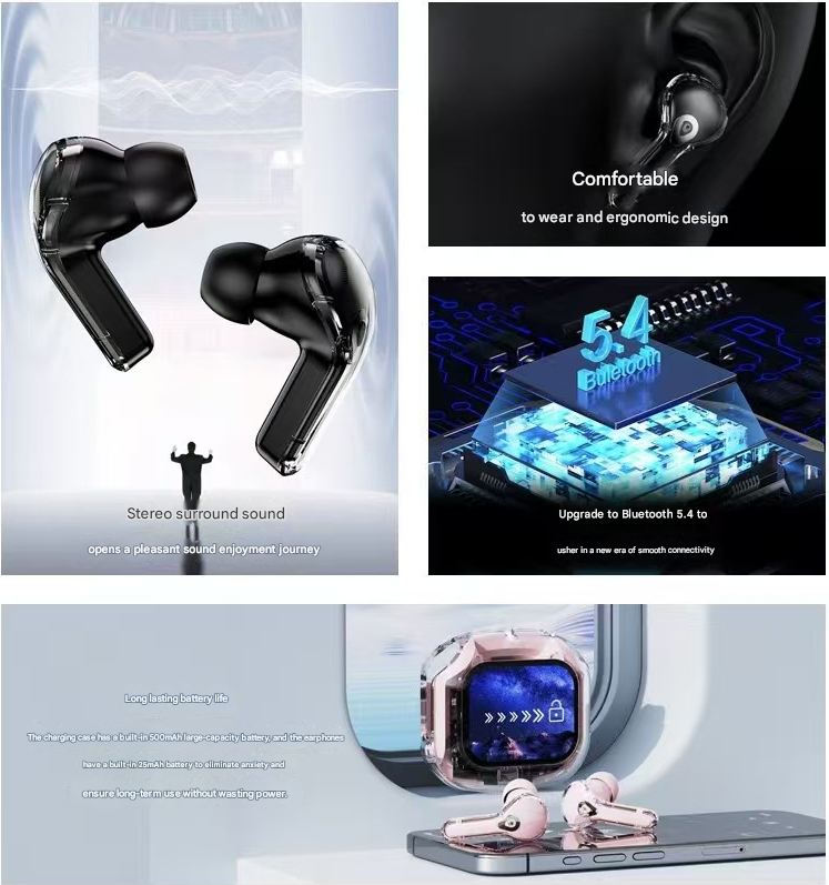 Black Smart TWS Earbuds with Full-Color LCD Touchscreen Case - Bluetooth 5.4, HiFi Stereo & ENC Noise Cancelling 3