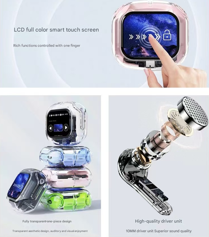 Black Smart TWS Earbuds with Full-Color LCD Touchscreen Case - Bluetooth 5.4, HiFi Stereo & ENC Noise Cancelling 4