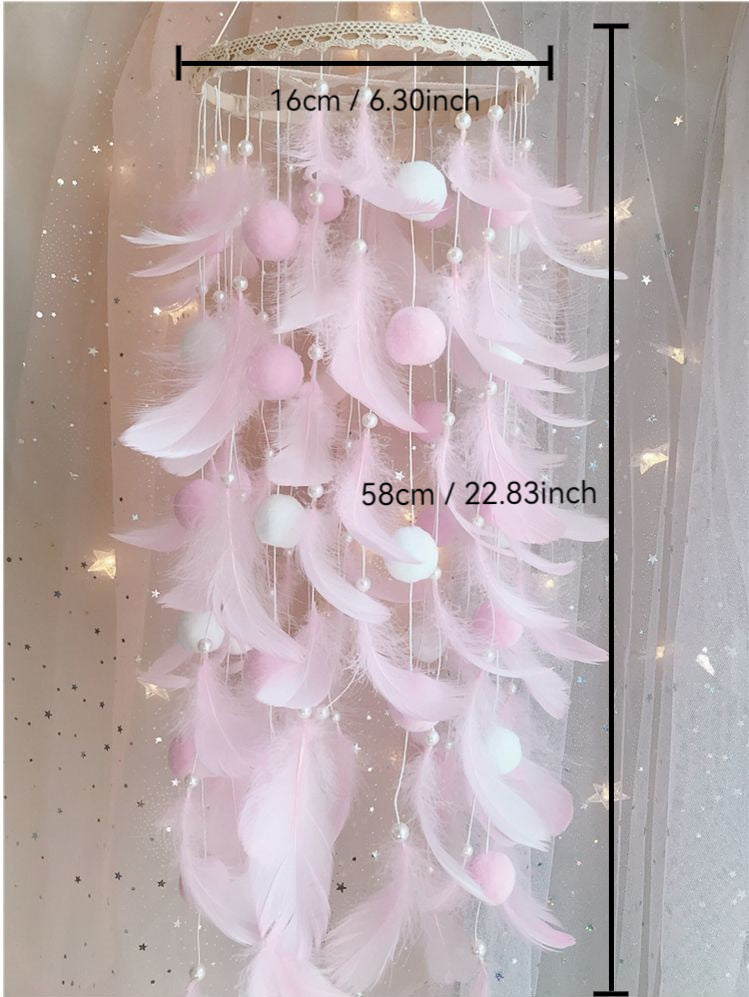 White Boho Pom Pom Feather Dreamcatcher - Whimsical Hanging Mobile for Girls Bedroom & Nursery Decor 4