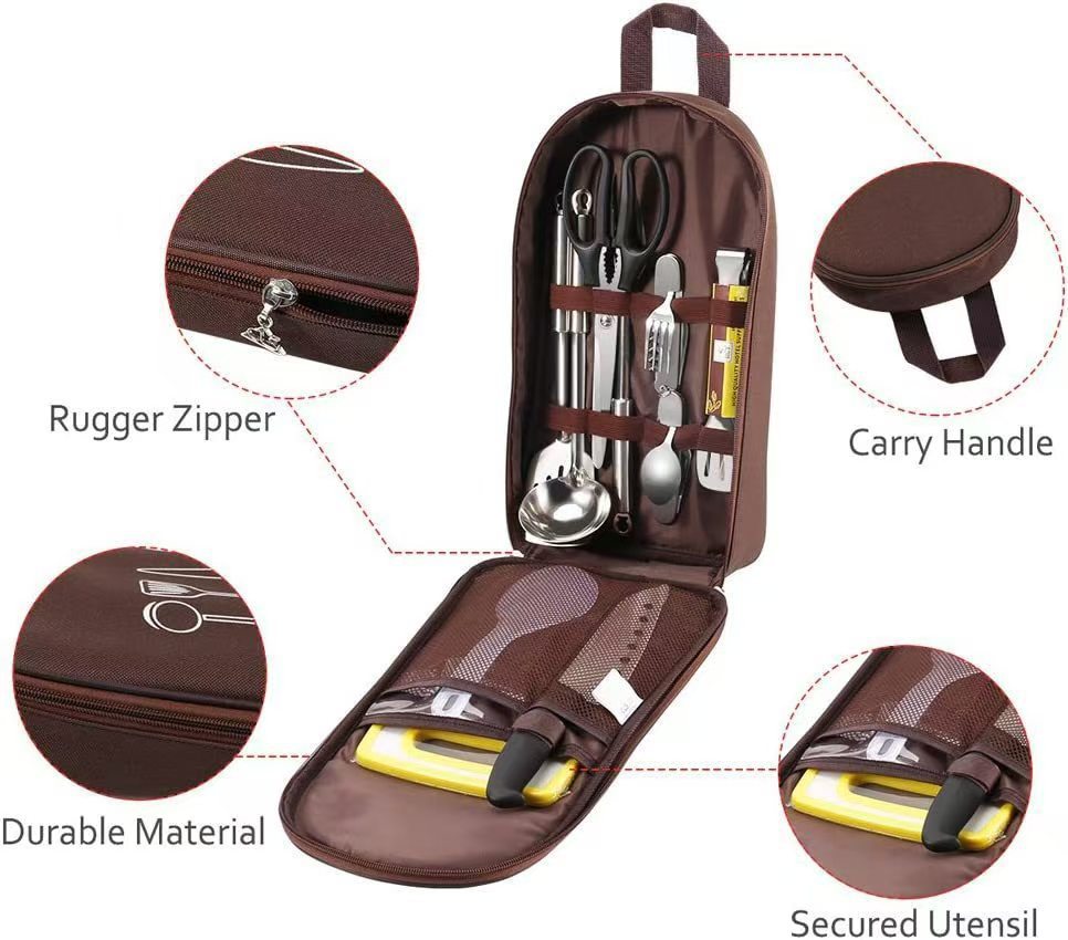 Brown Portable Camping Kitchen Utensil Organizer - Travel Cookware Storage Bag for BBQ & Picnics 3
