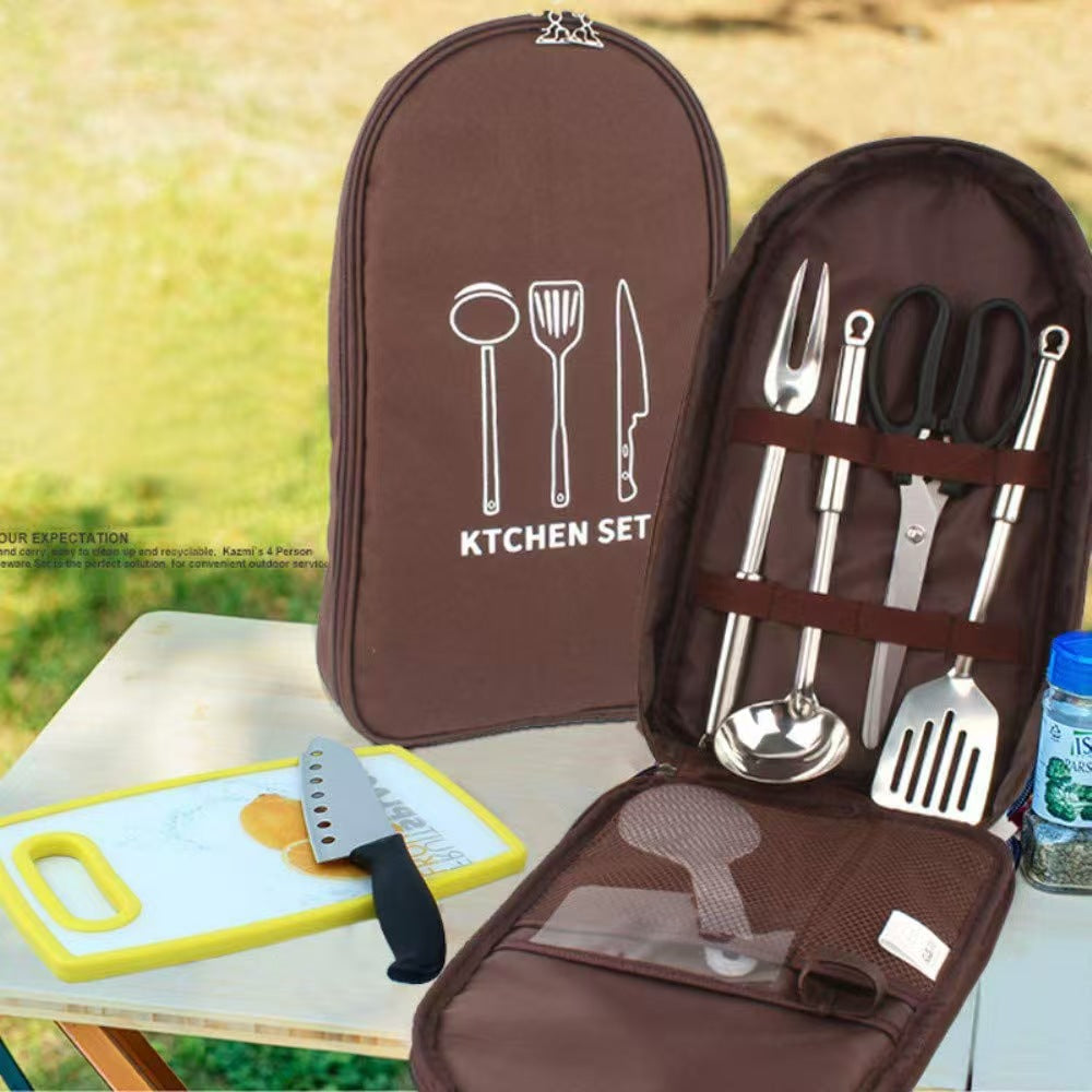 Khaki Portable Camping Kitchen Utensil Organizer - Travel Cookware Storage Bag for BBQ & Picnics