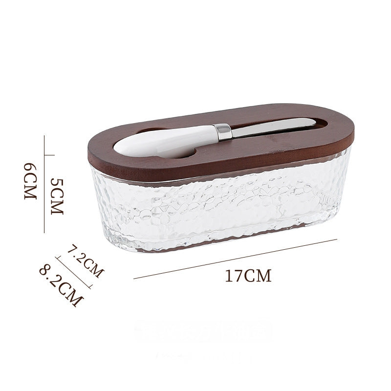 Brown - Hammer texture Elegant Glass Butter Dish with Wooden Lid & Matching Spreader - Sealed Butter Keeper for Freshness