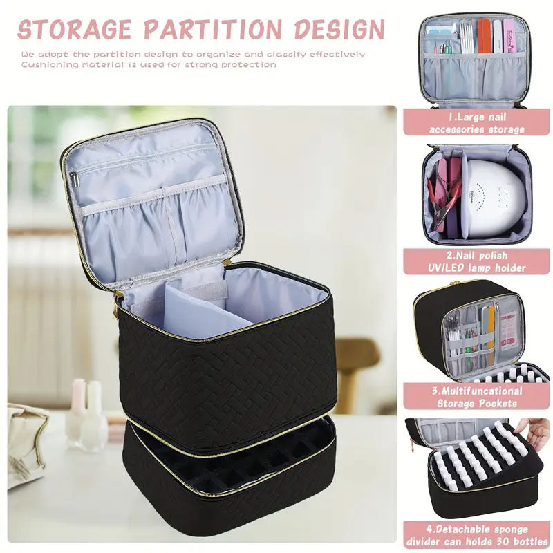 Black Professional Nail Polish Organizer Case for 30 Bottles & UV Lamp - Double-Layer Travel Storage Bag 4
