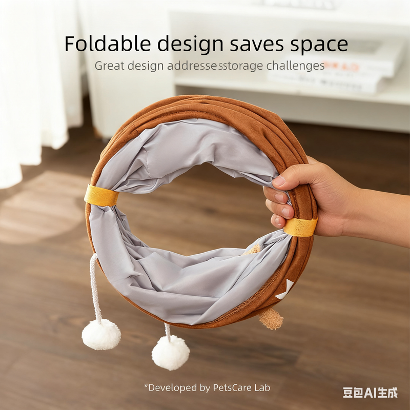 Brown bear Premium Soft Suede Cat Tunnel - Collapsible Play Tube with Peek-a-Boo Hole & Hanging Ball(0.8m)