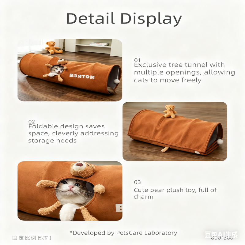 Brown bear Premium Soft Suede Cat Tunnel - Collapsible Play Tube with Peek-a-Boo Hole & Hanging Ball(0.8m) 3