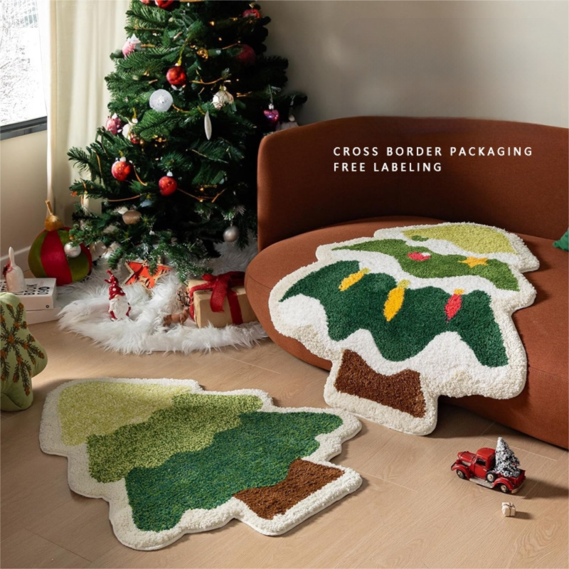 Green Christmas tree style Festive Christmas Shaped Floor Mat - Plush Non-Slip Holiday Accent Rug(Style 1)