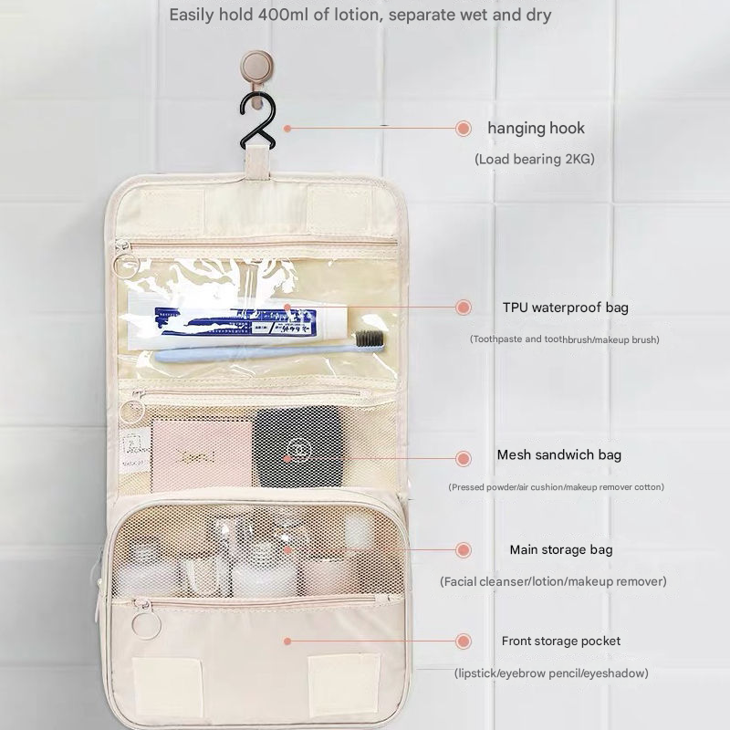 Beige Portable Hanging Travel Toiletry Bag - Large Capacity Cosmetic & Wash Organizer with Sturdy Hook 3