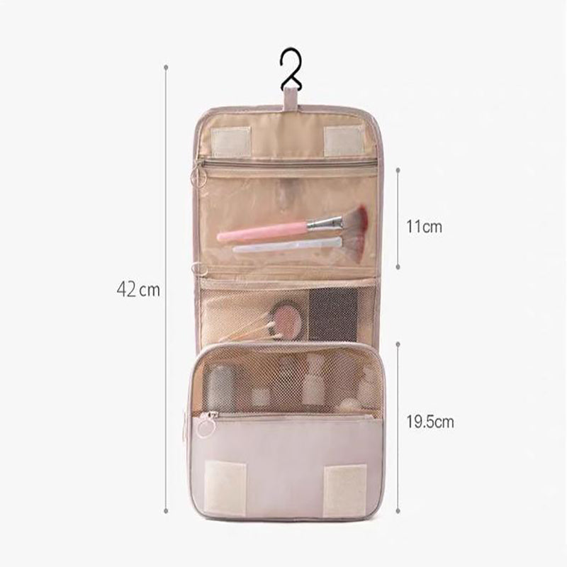 Beige Portable Hanging Travel Toiletry Bag - Large Capacity Cosmetic & Wash Organizer with Sturdy Hook 4