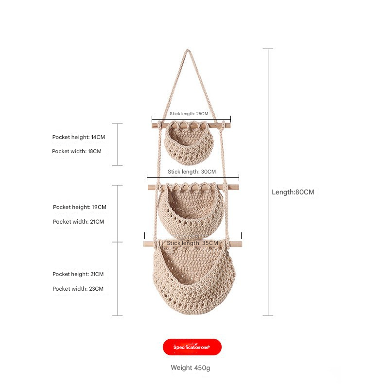 Three-layer cotton rope style Bohemian Hanging Fruit Basket – Wall-Mounted Woven Storage Net Pocket for Kitchen & Home Decor