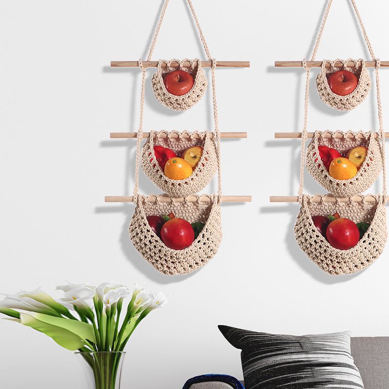 Three-layer hemp rope style Bohemian Hanging Fruit Basket – Wall-Mounted Woven Storage Net Pocket for Kitchen & Home Decor