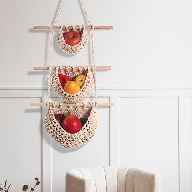 Single-layer hemp rope style Bohemian Hanging Fruit Basket – Wall-Mounted Woven Storage Net Pocket for Kitchen & Home Decor 3