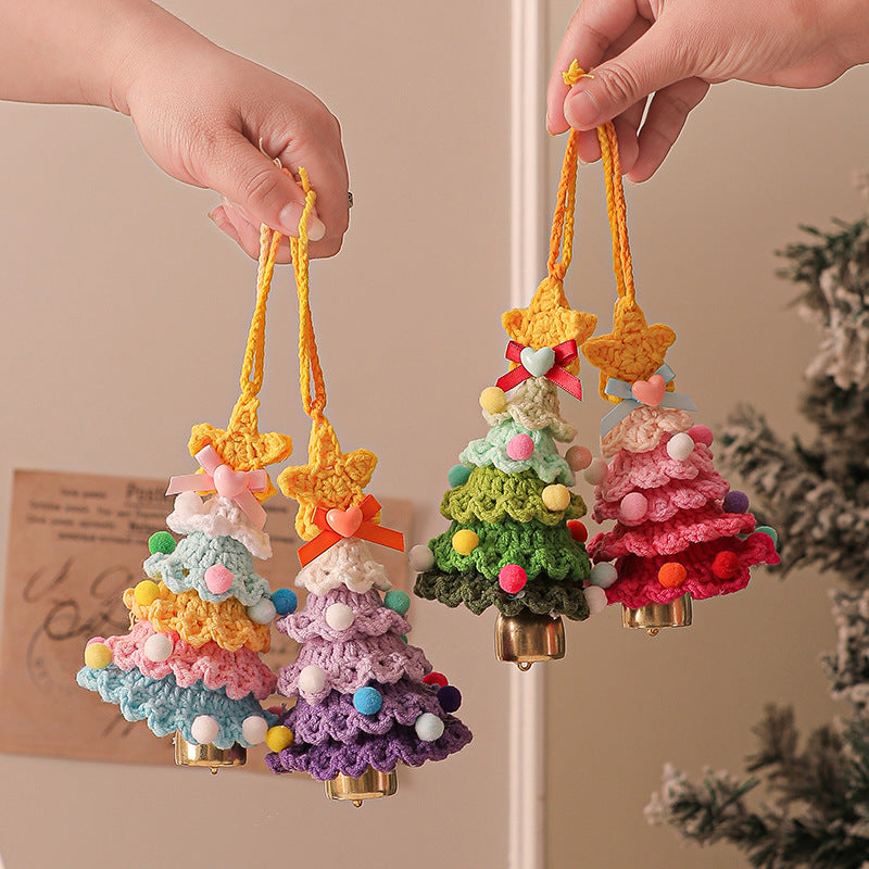 2 Pcs Handmade Crochet Christmas Tree Ornament - Plush Knitted Decoration with Bell - Ideal for Home, Car & Holiday Decor(Style C) 4