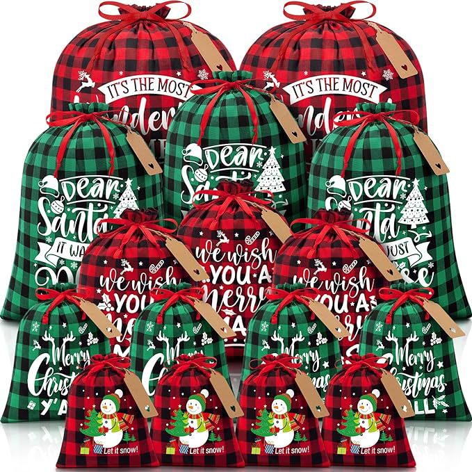 Red checkered Christmas Gift Drawstring Bags Set - Festive Burlap Style Pouches for Candy & Apples - Holiday Decoration - 10 Pcs 3