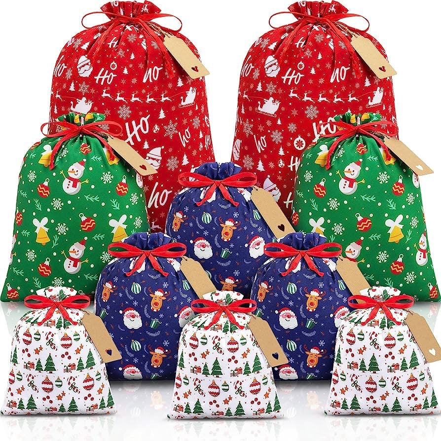 Red flannel Christmas Gift Drawstring Bags Set - Festive Burlap Style Pouches for Candy & Apples - Holiday Decoration - 10 Pcs
