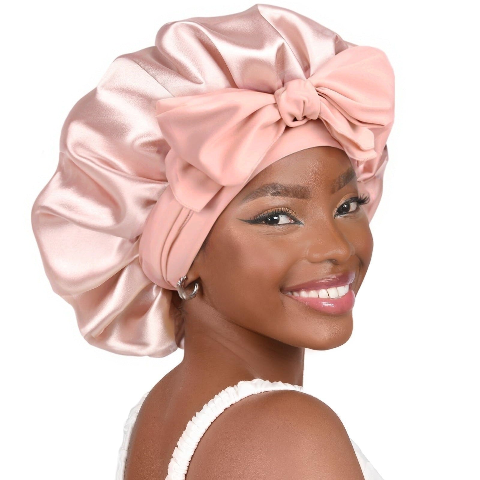 Pink Luxury Double Layer Satin Bonnet with Bow Tie - Large Hair Protection Sleep Cap for All Hair Types