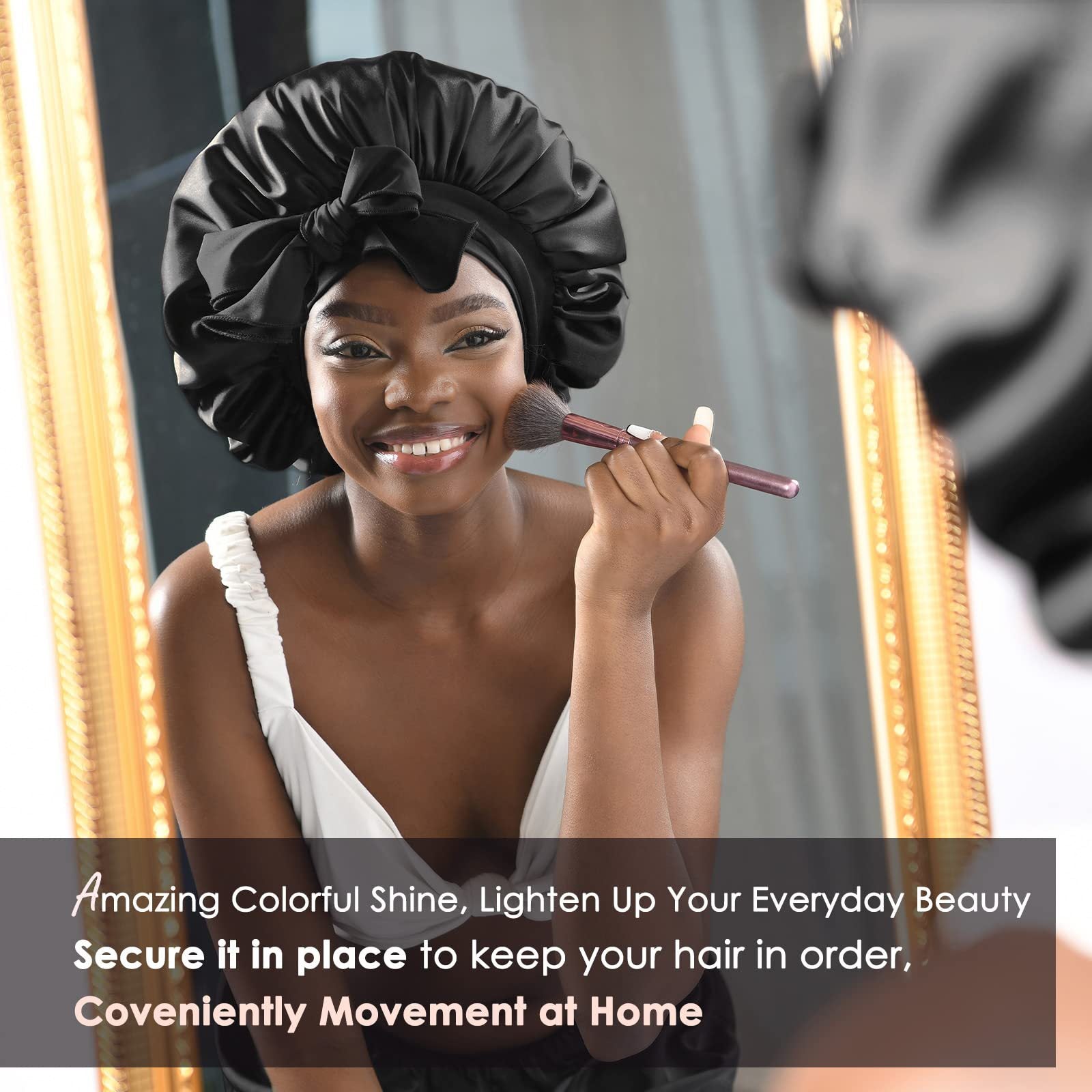 Black Luxury Double Layer Satin Bonnet with Bow Tie - Large Hair Protection Sleep Cap for All Hair Types 4