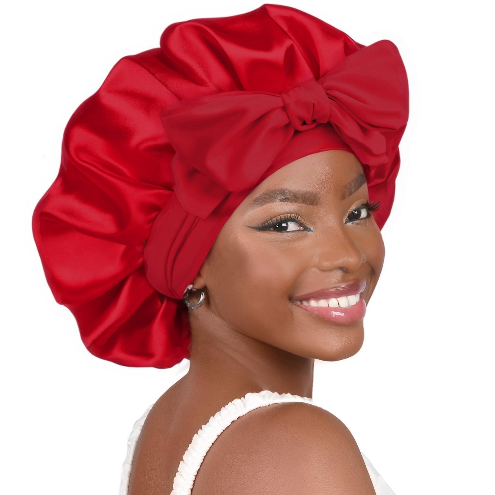 Red Luxury Double Layer Satin Bonnet with Bow Tie - Large Hair Protection Sleep Cap for All Hair Types