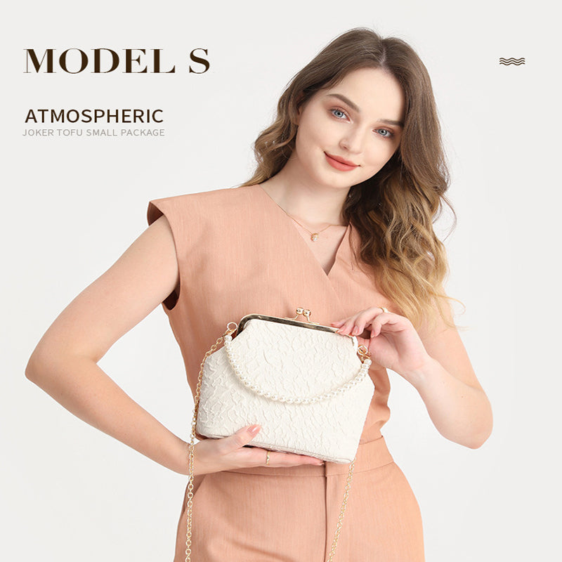 Black Elegant Vintage Kiss-Lock Purse with Pearl Straps - Textured Frame Clutch Bag 3