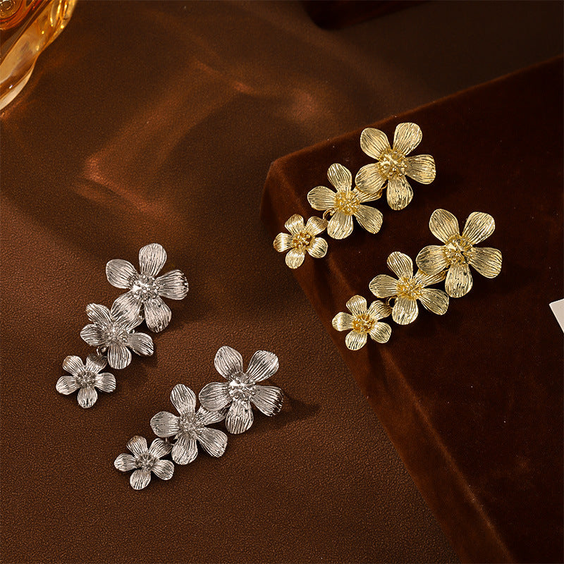 Gold Textured Cascading Floral Statement Drop Earrings for Women 3