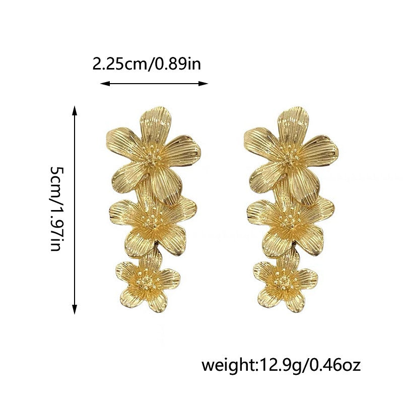 Gold Textured Cascading Floral Statement Drop Earrings for Women 4