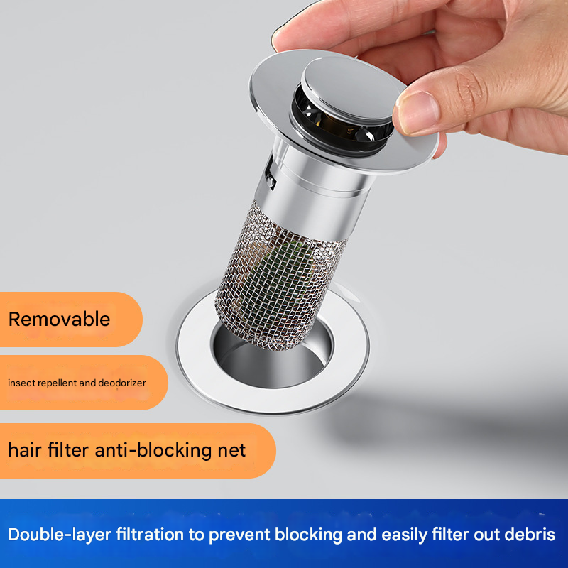 5 PCS Universal Pop-Up Sink Drain Stopper with Anti-Clog Filter Basket - Stainless Steel Hair Catcher & Anti-Odor Plug 3