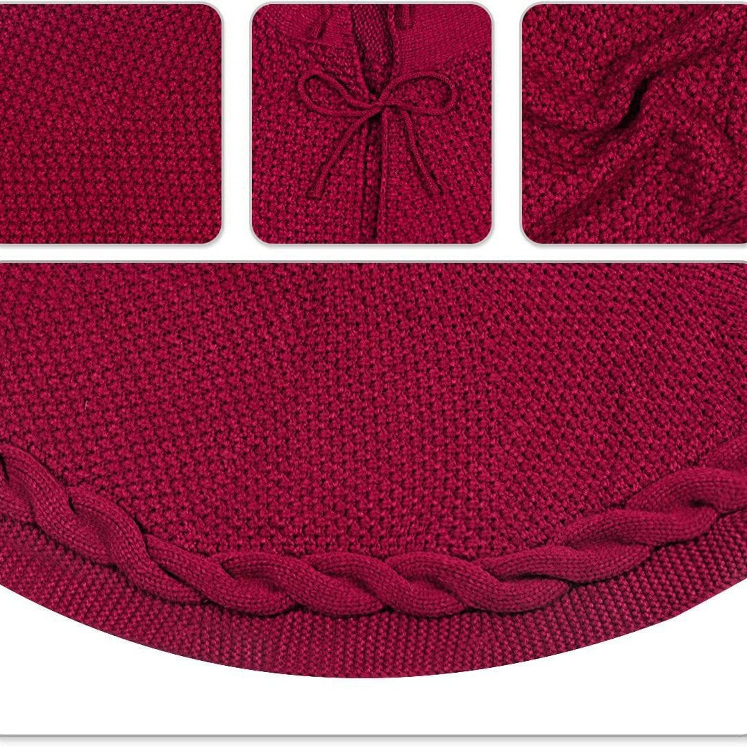 Red Luxury Knit Christmas Tree Skirt with Cable-Knit Border - Rustic Holiday Decor(62cm) 3
