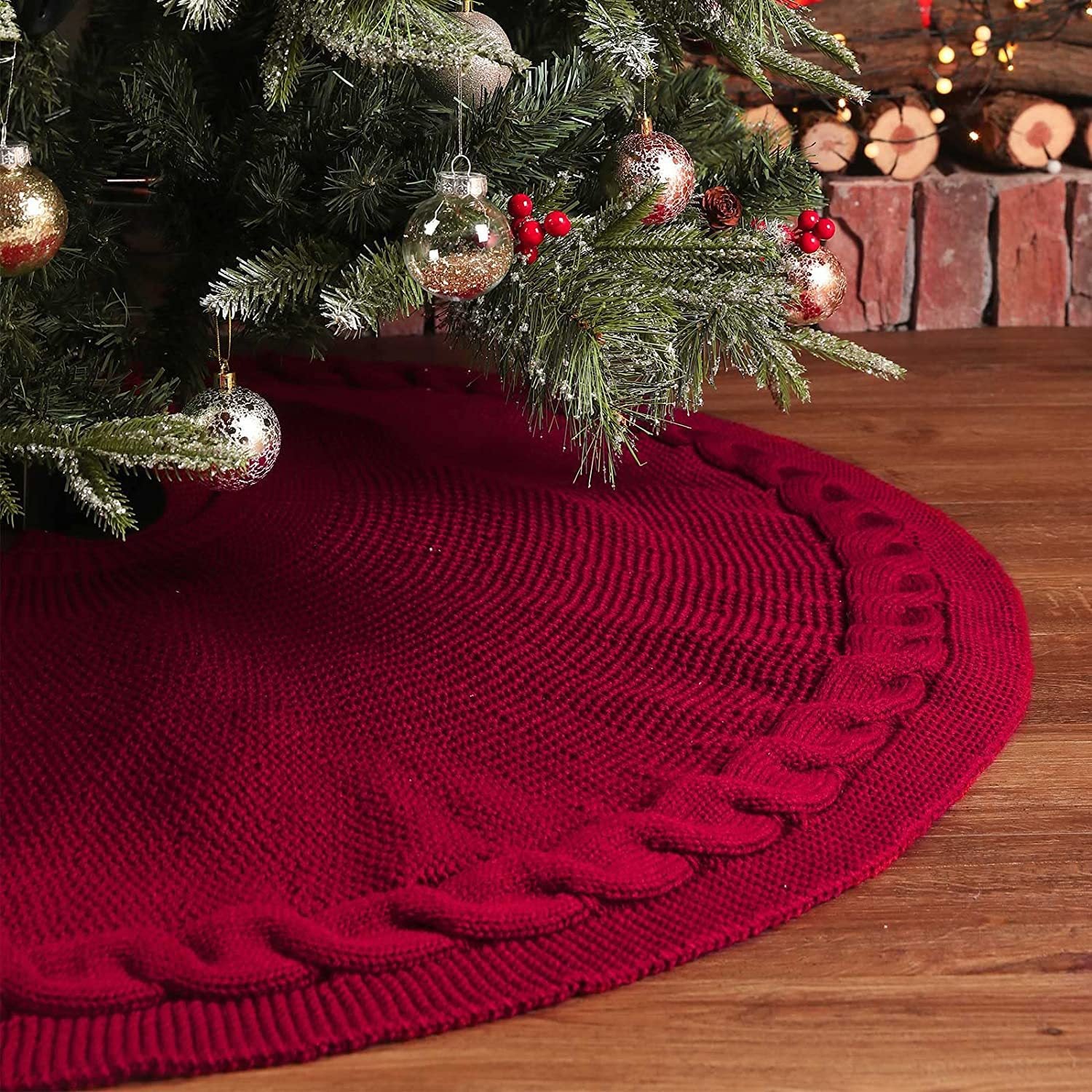 White Luxury Knit Christmas Tree Skirt with Cable-Knit Border - Rustic Holiday Decor(92cm) 3
