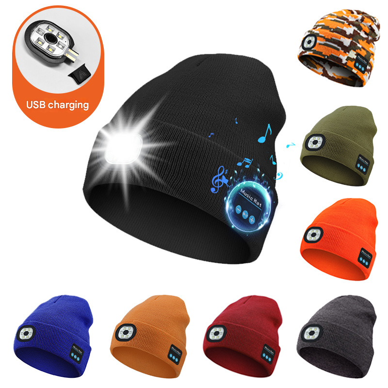 Red Wireless Bluetooth Beanie Hat with USB Rechargeable LED Headlight - Unisex Knit Cap for Running & Camping 4