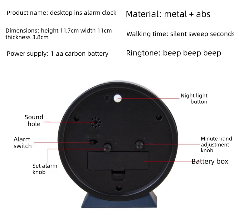 Blue Minimalist Silent Alarm Clock with Night Light - Non-Ticking Analogue Bedside & Desk Clock 4