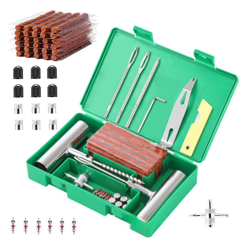 A 58-piece set Green Heavy-Duty Tubeless Tyre Repair Kit - Emergency Puncture Plug Set for Cars, Motorcycles & ATVs