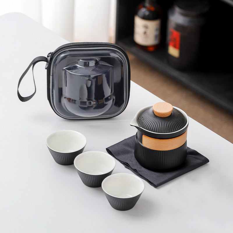 Portable Ceramic Travel Tea Set - One Pot Three Cups with Carrying Case, Elegant Frosted Finish(black)