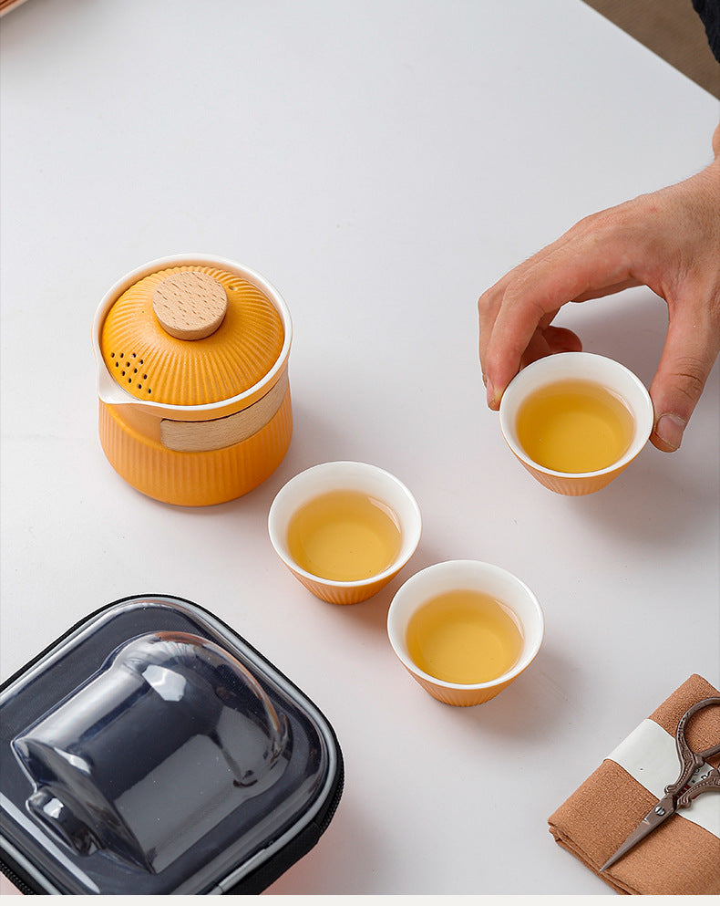 Portable Ceramic Travel Tea Set - One Pot Three Cups with Carrying Case, Elegant Frosted Finish(yellow) 4