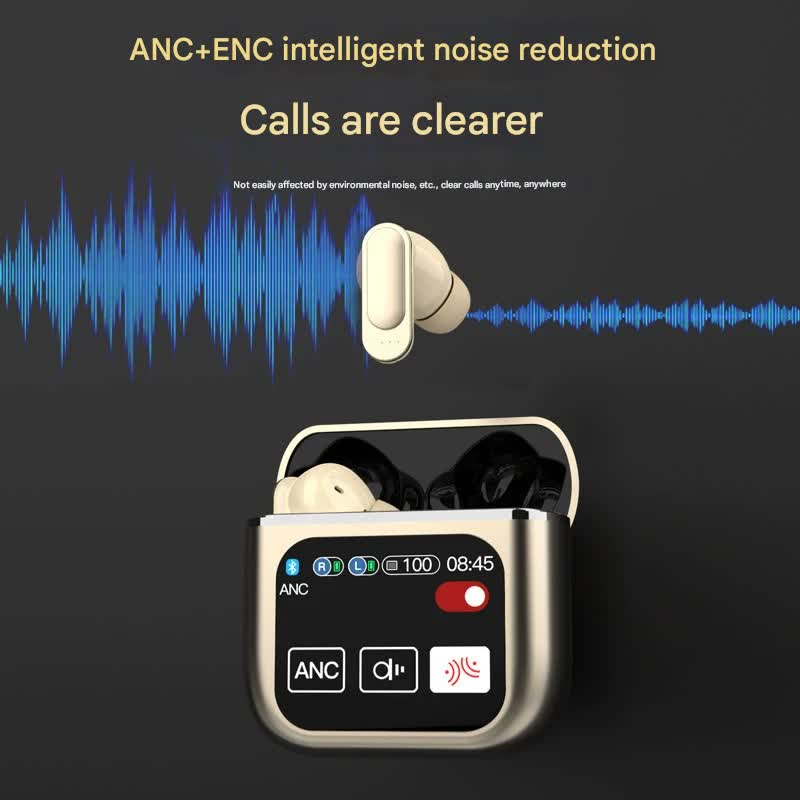TWS Bluetooth Earbuds with 1.9 HD Touch Screen Case - ANC/ENC Noise Reduction(Black)" 3