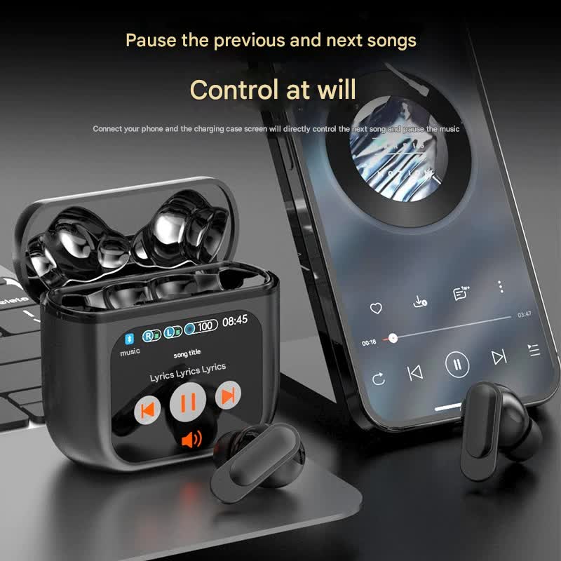 TWS Bluetooth Earbuds with 1.9 HD Touch Screen Case - ANC/ENC Noise Reduction(Champagne)" 5