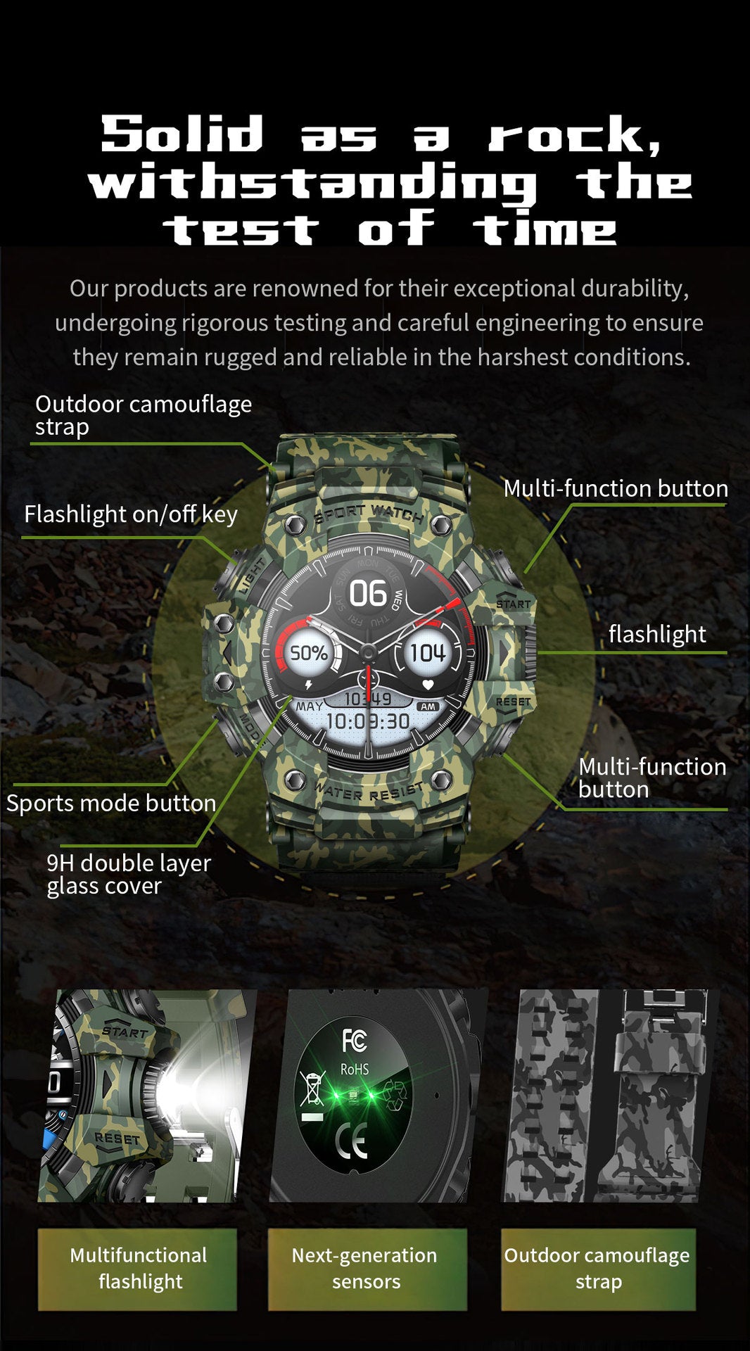 Rugged Outdoor Sport Smartwatch - HD Display, Compass, Flashlight, 100+ Sports Modes, Health Monitoring & Bluetooth Calls(Camouflage blue) 6