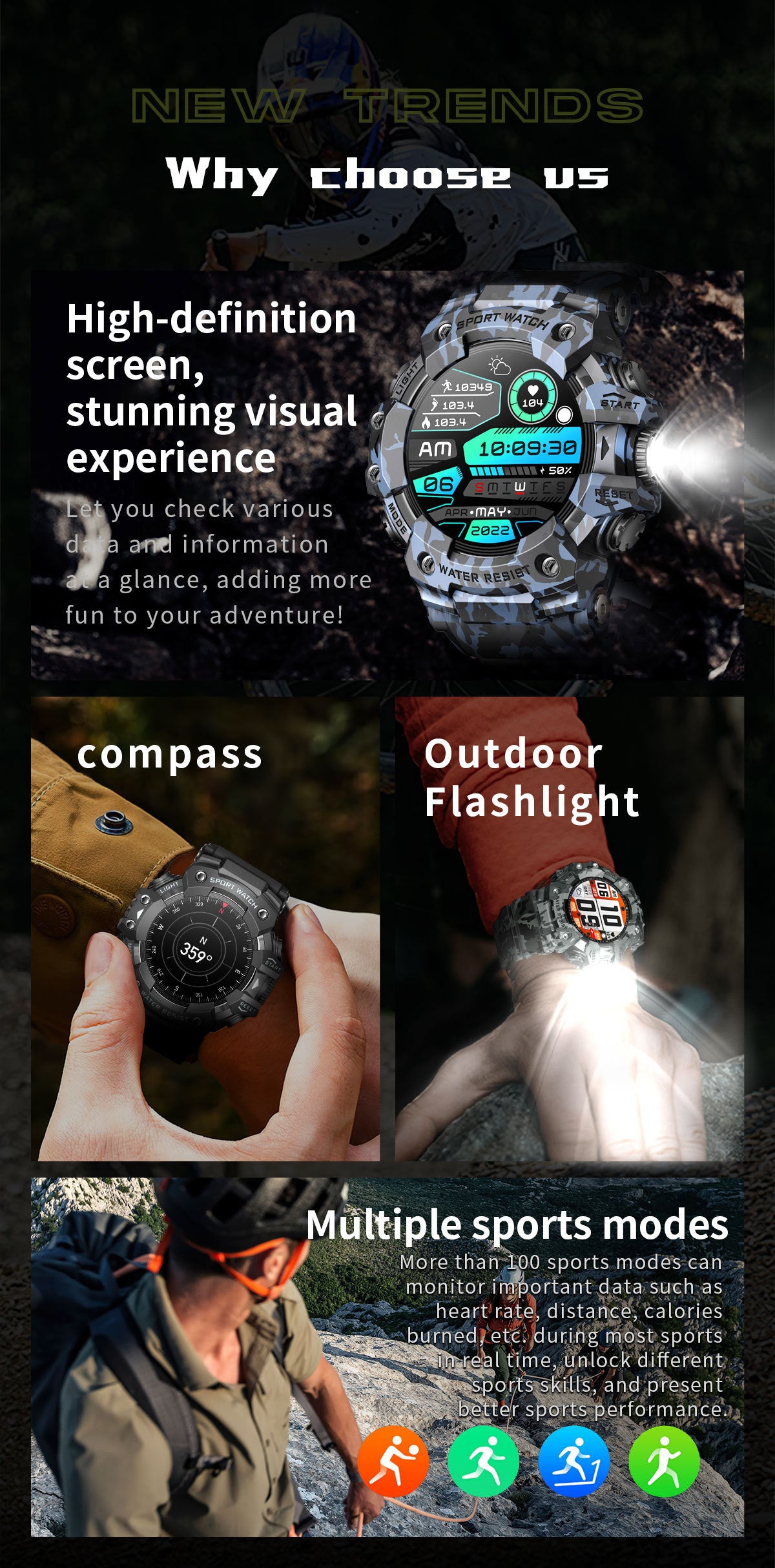Rugged Outdoor Sport Smartwatch - HD Display, Compass, Flashlight, 100+ Sports Modes, Health Monitoring & Bluetooth Calls(Denim blue) 4