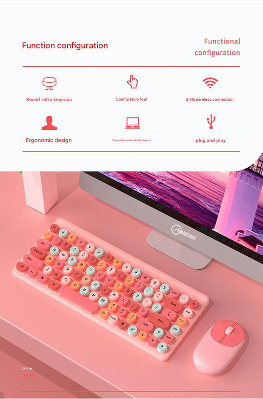 Wireless Keyboard & Mouse Combo - Retro Round Keycaps, 2.4GHz Ergonomic Design(pink) 4