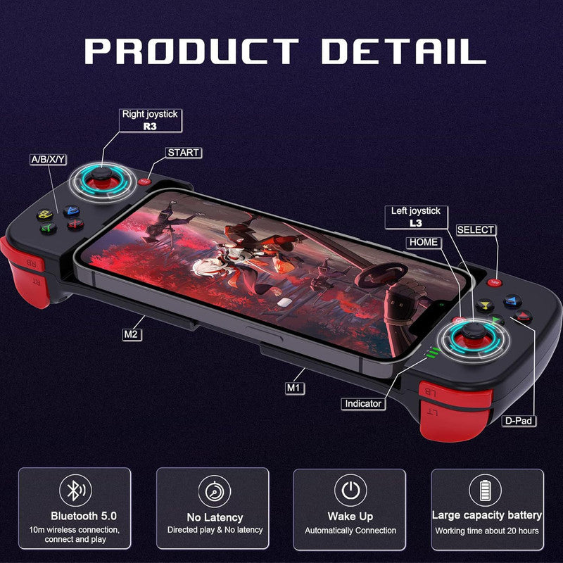 Portable Telescopic Mobile Game Controller - Bluetooth 5.0, iOS/Android/PC Compatible, 400mAh Battery(blue and red) 4
