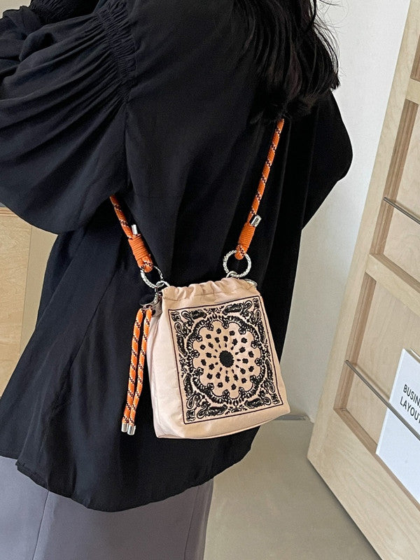 Chic Drawstring Bucket Bag with Intricate Print - Adjustable Rope Strap, Lightweight Fabric(Gray) 6