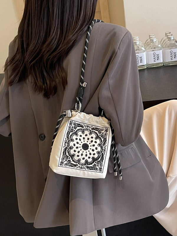 Chic Drawstring Bucket Bag with Intricate Print - Adjustable Rope Strap, Lightweight Fabric(Pink) 5
