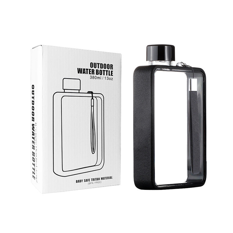 Slim Tritan Flat Water Bottle - 380ml BPA-Free, Leakproof with Leather-Textured Sleeve & Strap(Black)