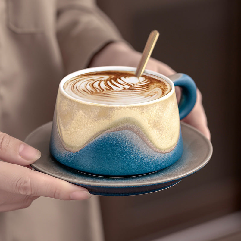 Artistic Ceramic Coffee Cup & Saucer Set with Spoon - Gradient Glaze, 240ml, Gift Boxed(Blue)