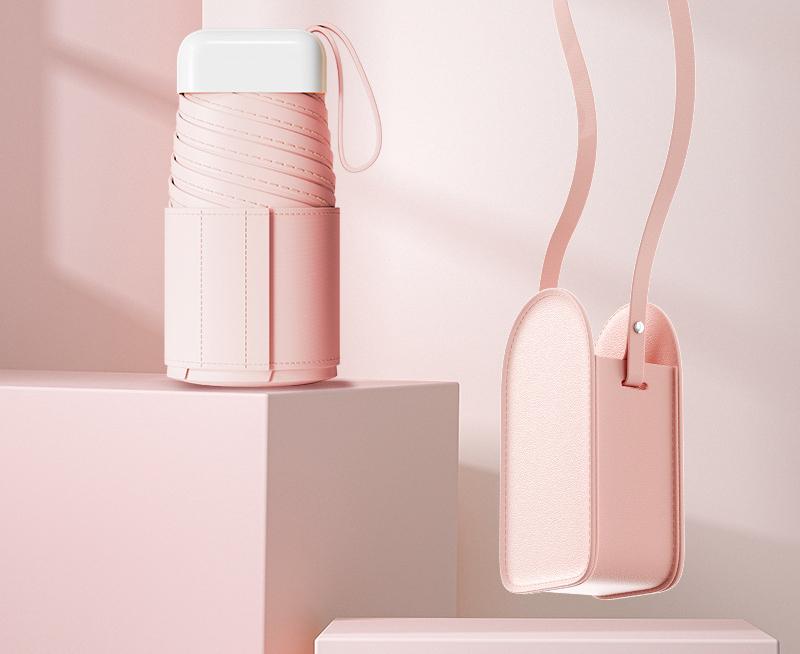 Mini Pocket Umbrella with Matching Crossbody Bag - UV Protection, 6-Rib Windproof Design(pink)